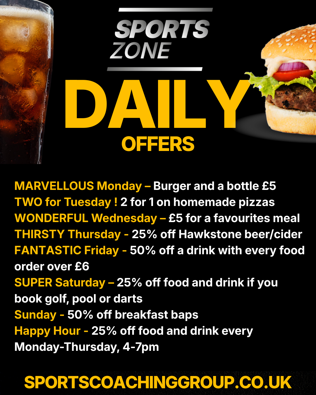 Sportszone weekly food and drink offers.