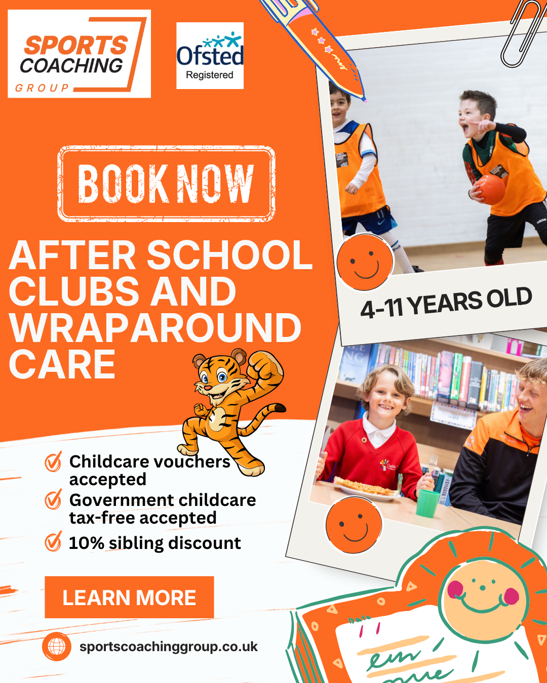 Sports Coaching Group offers after-school and childcare, aka tommy Tiger Time.