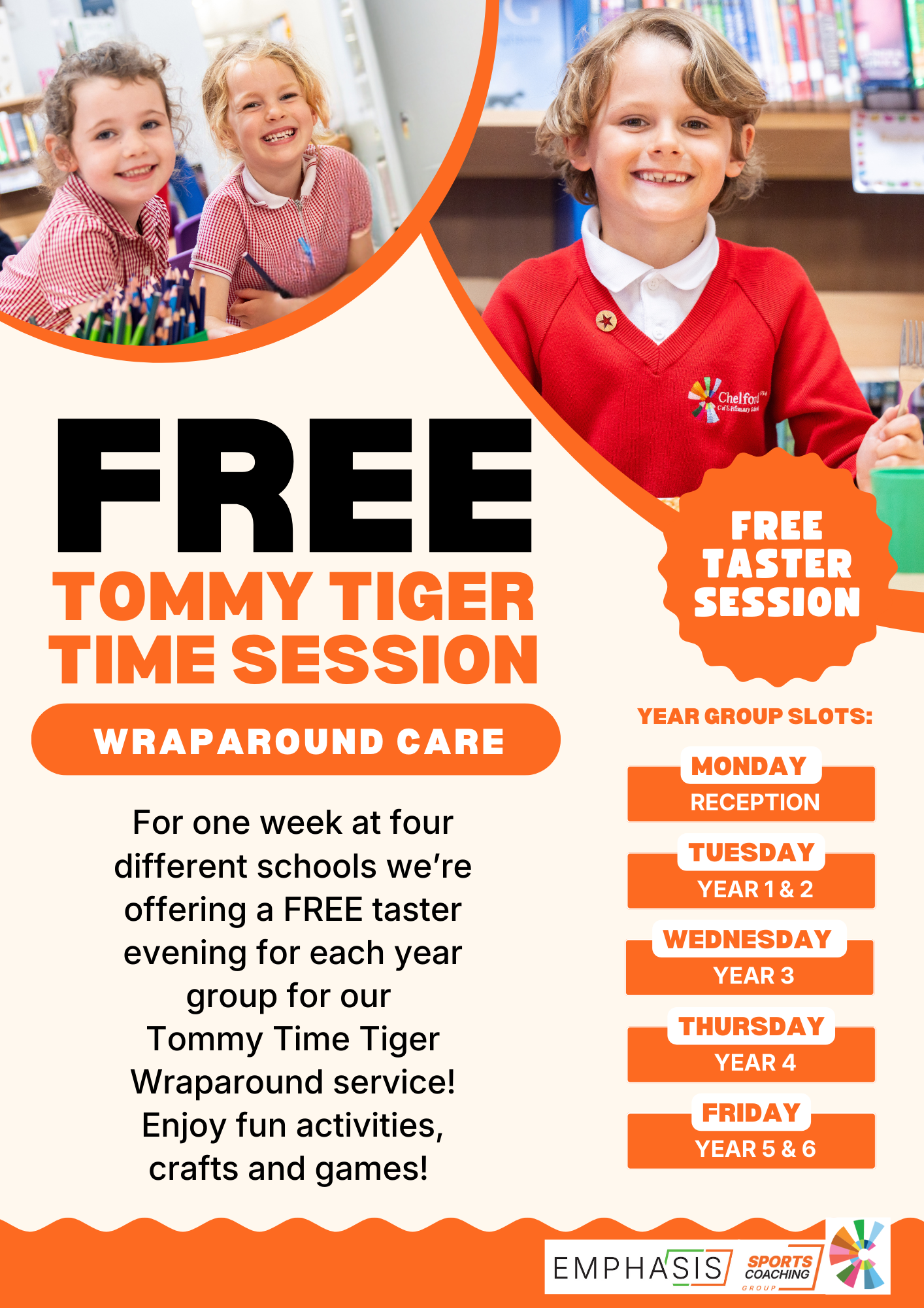 Sports Coaching Group is offering free taster sessions at four schools for its wraparound care/Tommy Tiger Time