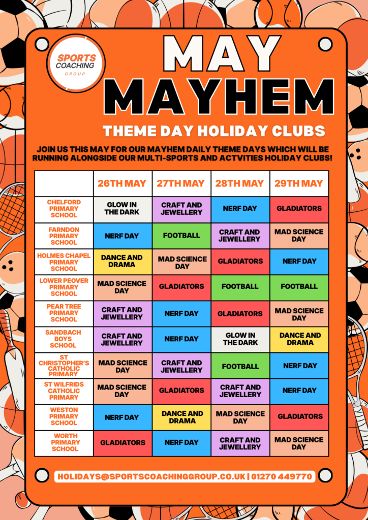 Sports Coaching Group's MAY Mayhem Holiday Club themes