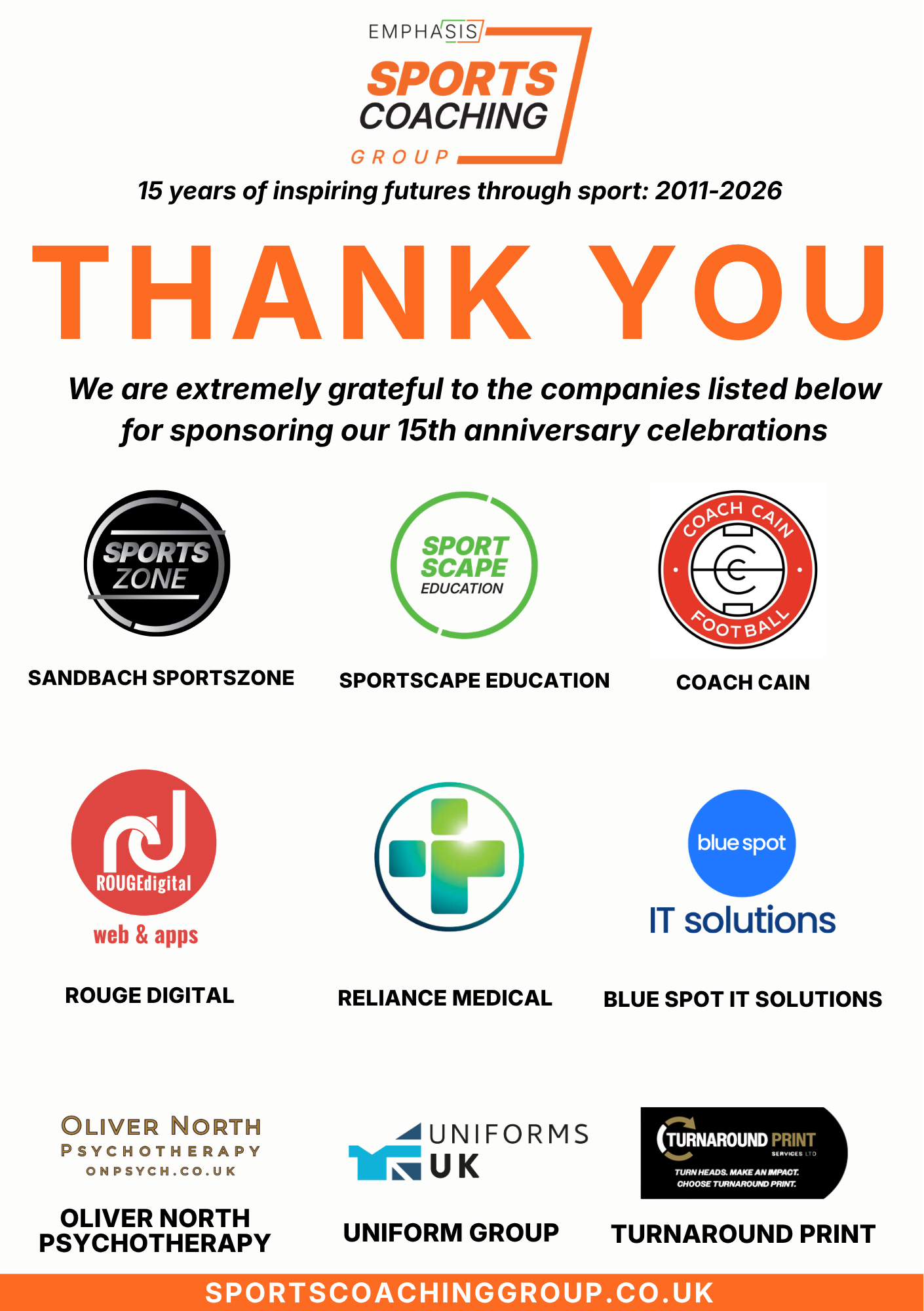 Sports Coaching Group's sponsors for its 15th birthday celebrations