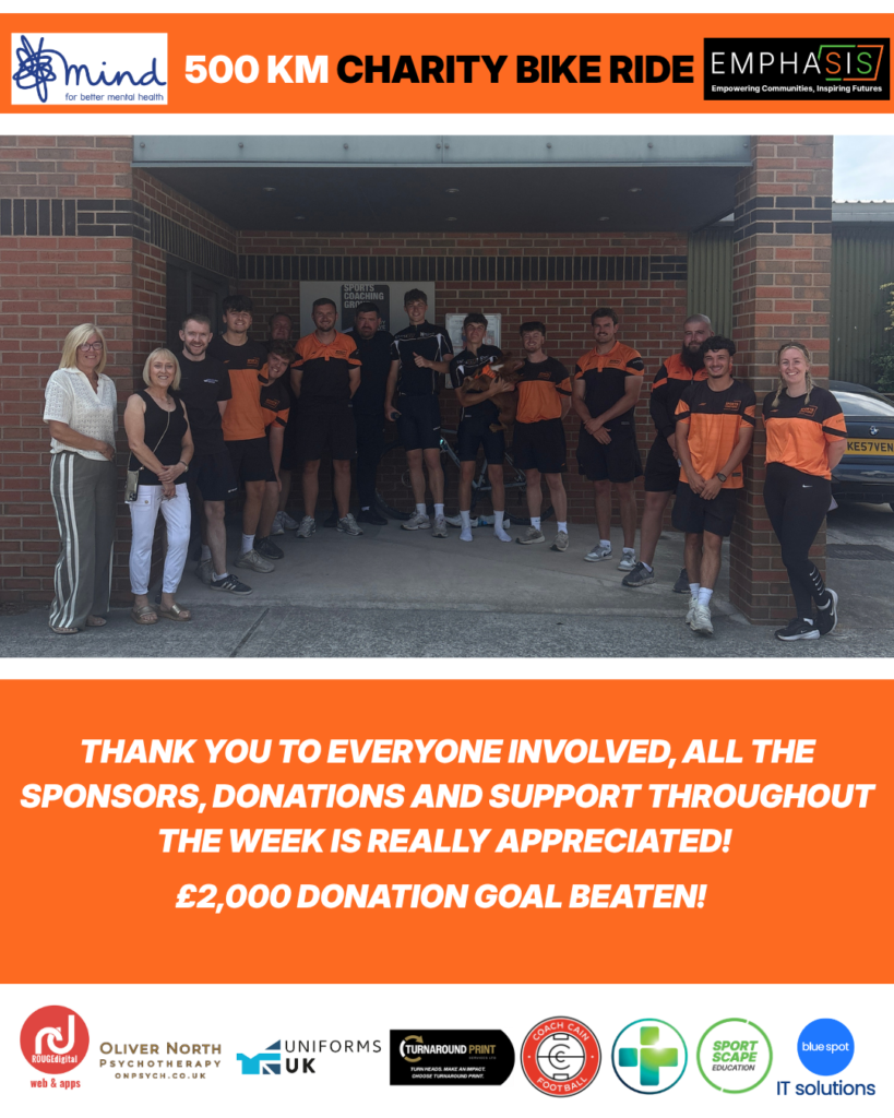 Sports Coaching Group coaches Lucas Turner and Tom Kesteven have completed a 300-mile charity bike ride for Mind and EMPHASIS Community Interest Company.
