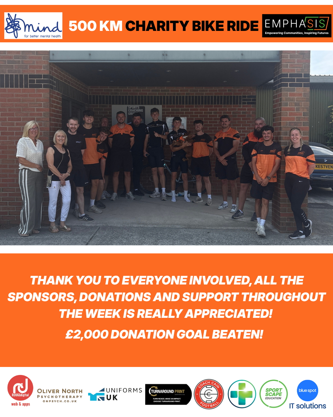 Sports Coaching Group coaches Lucas Turner and Tom Kesteven have completed a 300-mile charity bike ride for Mind and EMPHASIS Community Interest Company.